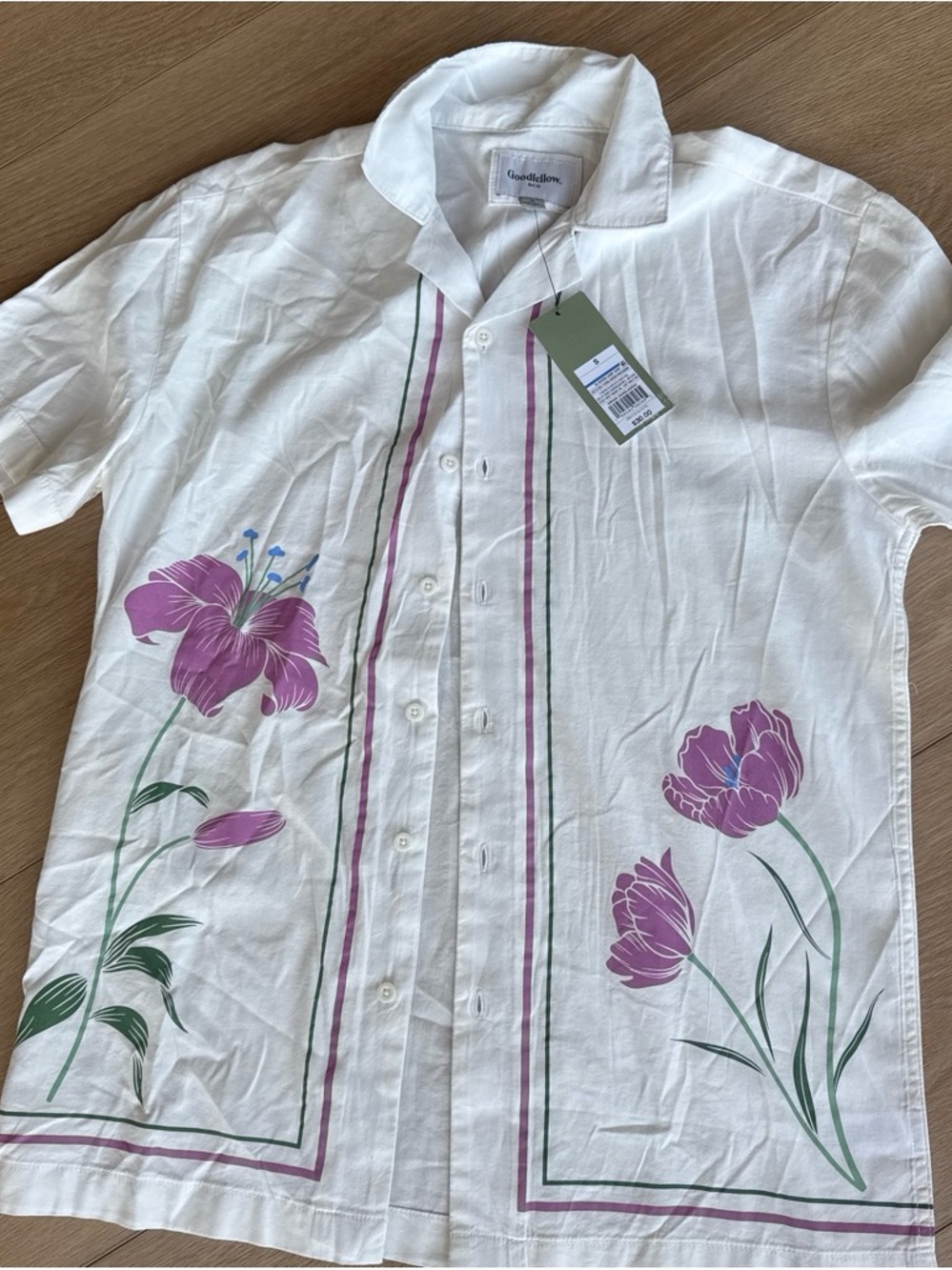Goodfellow & Co White Short-Sleeve Button-Up Shirt with Pink Floral